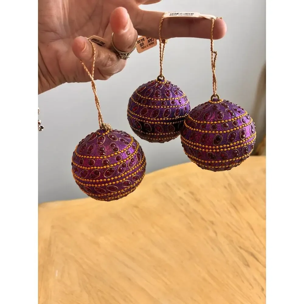 NWT Pier 1 Purple Jeweled Beaded Xmas Ornaments GEMS Gold Mardi Gras VTG Lot 3